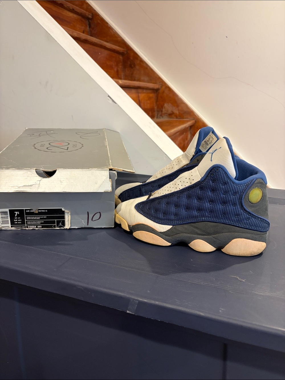 jordan retro 13 flint/french blue 2004 version w/og box sz 7.5